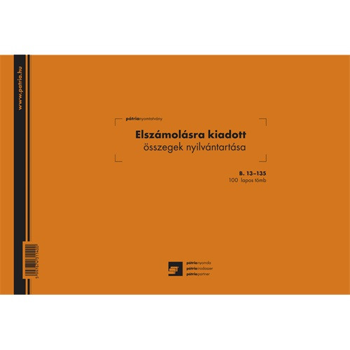 Elszámolásra kiadott összegek nyilvántartása 100 lapos tömb A/4 fekvő