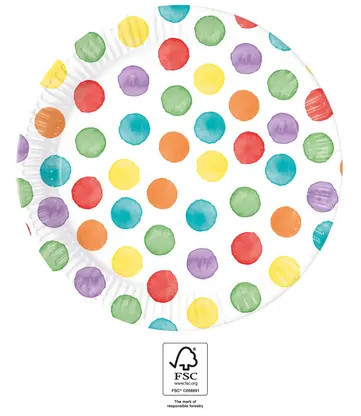 Színes Dots papírtányér 8 db-os 23 cm FSC