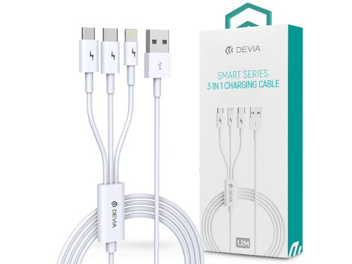 Devia USB töltőkábel 1,2 m-es vezetékkel - Devia Smart Series 3in1 for          Lightning/micro USB/Type-C - 2A - fehér