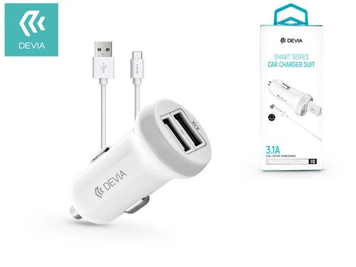 Devia 2xUSB szivargyújtó töltő adapter + USB - Type-C kábel 1 m-es vezetékkel - 15W - Devia Smart Series Car Charger Suit - fehér