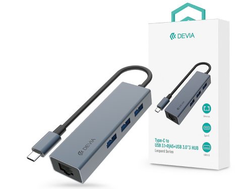 Devia USB Type-C - USB 3.1 + RJ45 + 3xUSB 3.0 elosztó/adapter - Devia Leopard   Series 5 in 1 Hub - szürke