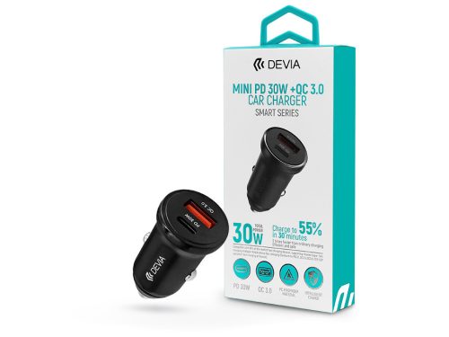 Devia szivargyújtó töltő adapter USB + Type-C bemenettel - 30W - Devia Smart    Series Mini PD 30W + QC 3.0 Car Charge - fekete