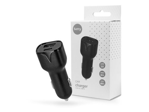 Setty szivargyújtó töltő adapter USB + Type-C bemenettel - 12W - Setty Car USB  Charger with USB +Type-C Ports - fekete