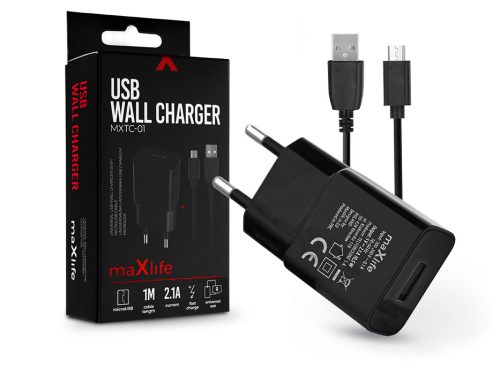 Maxlife USB hálózati töltő adapter + USB - micro USB kábel 1 m-es vezetékkel -  10W - Maxlife MXTC-01 USB Wall Charger - fekete